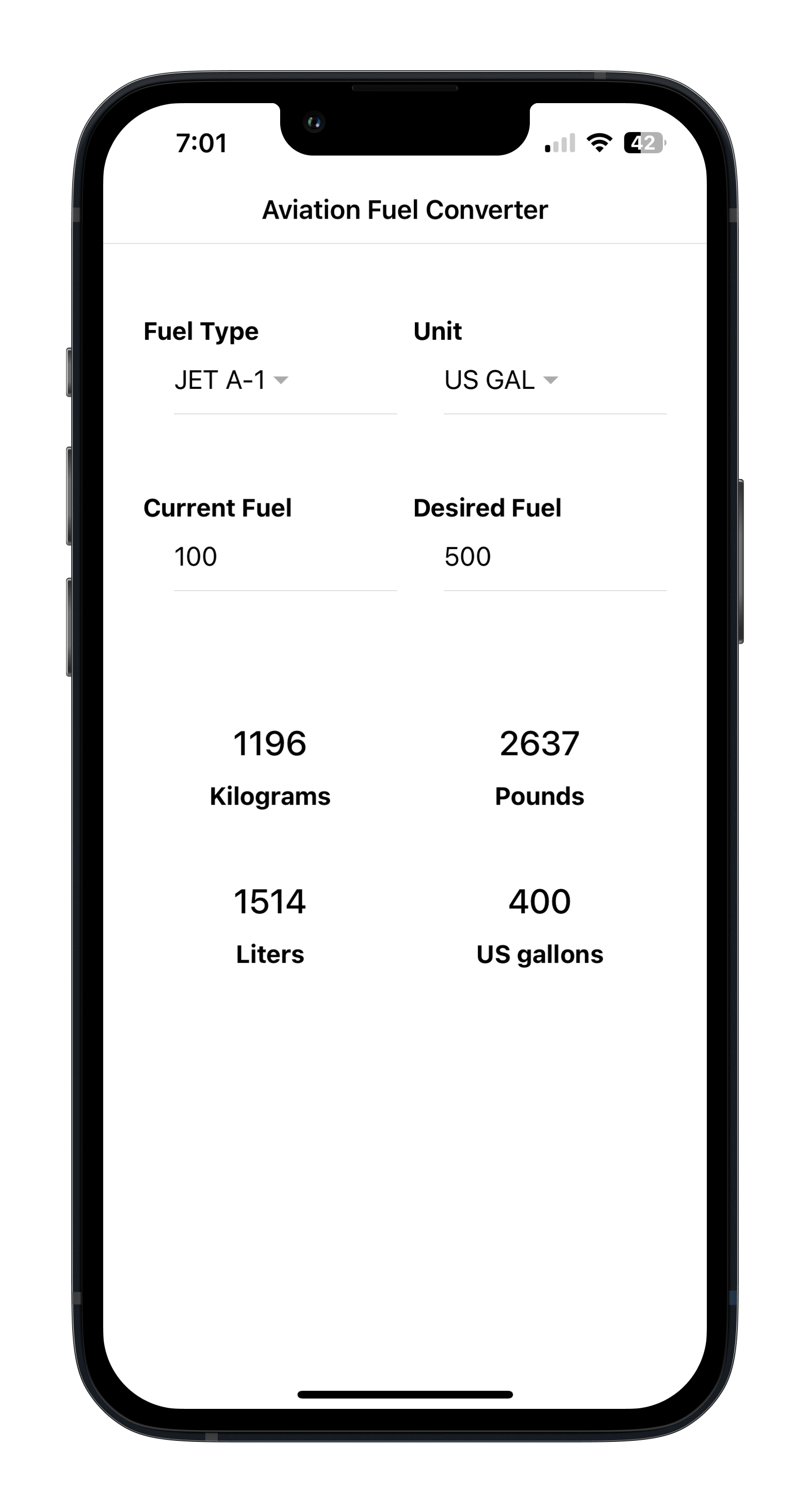 Aviation Fuel Converter Mobile App for iOS and Android Screenshot